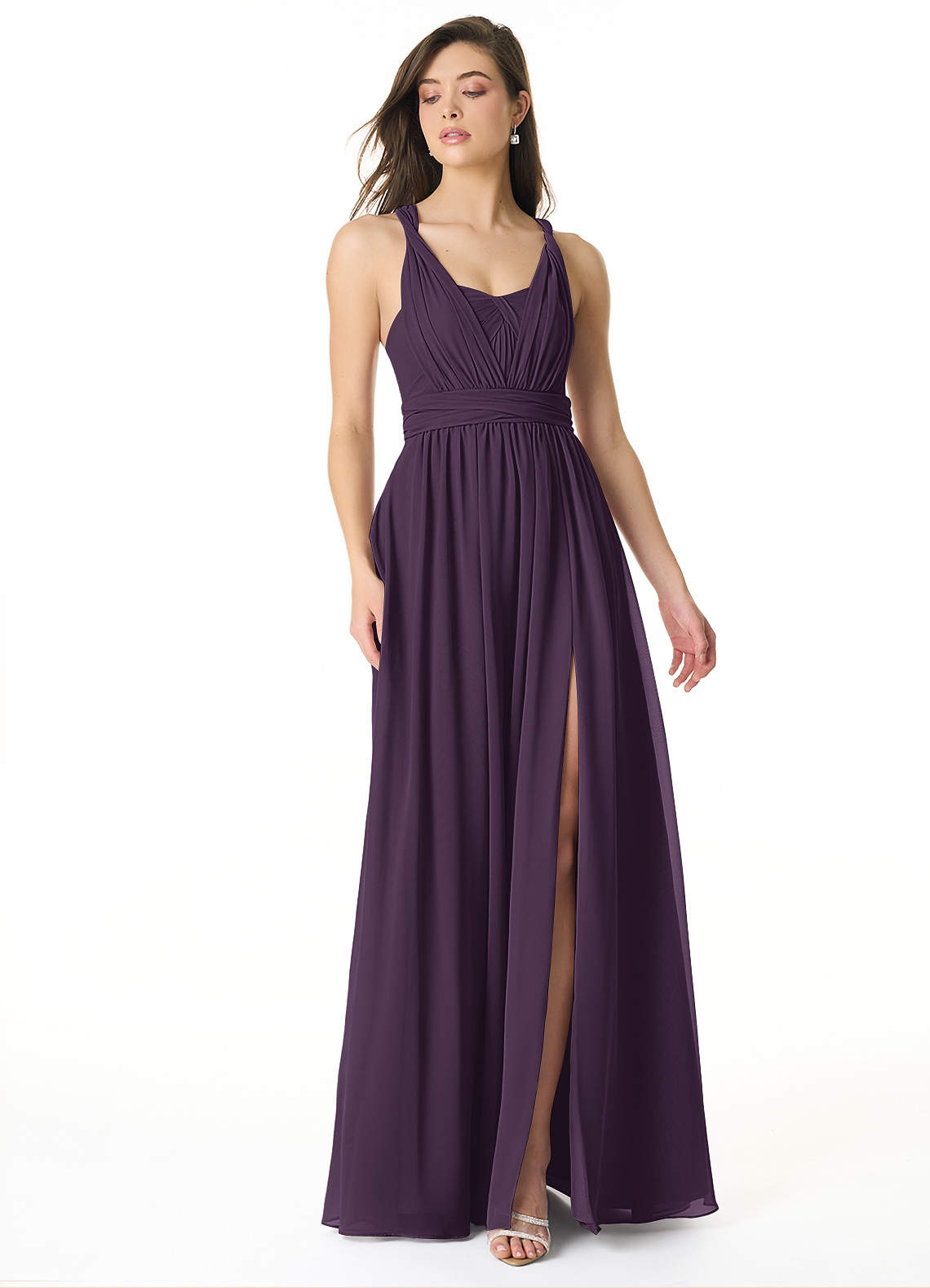 Azazie Olani Bridesmaid Dresses Plum A-Line Off the Shoulder Chiffon Convertible Dress image1