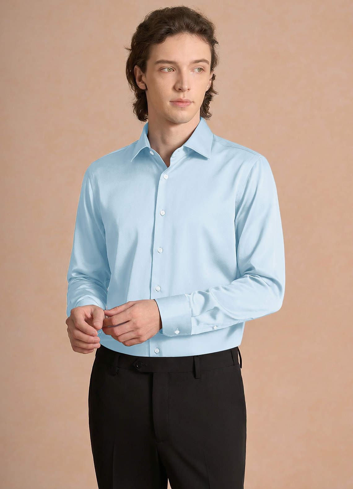 front Julian Sky Blue Stretch Satin Dress Shirt