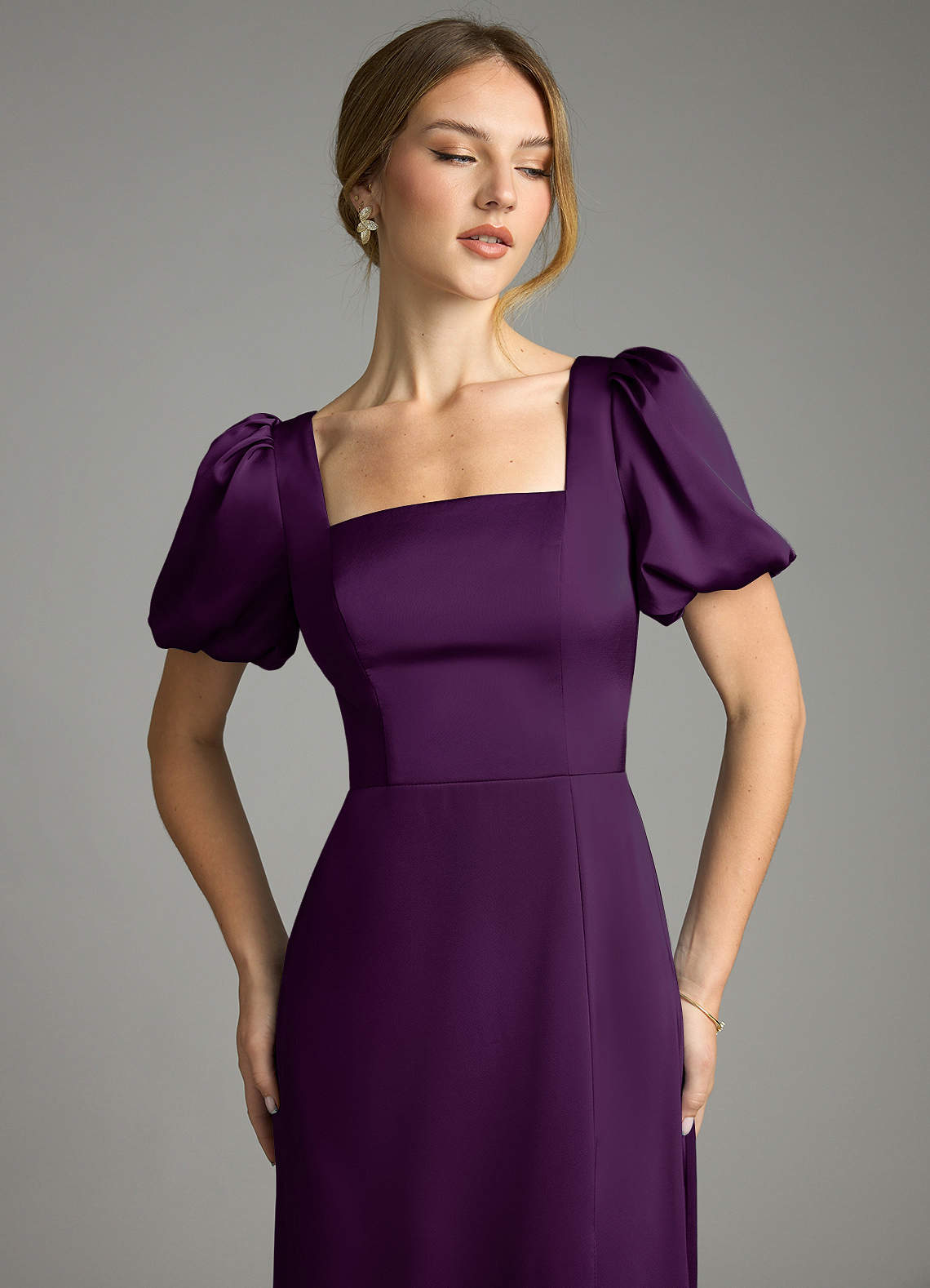 Azazie Fyona Vestidos de damas de honor Vestido de Uva de Satén Elástico de Línea A con Plisado image11