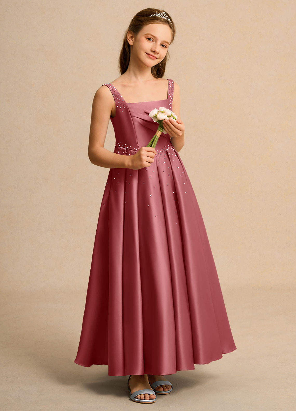 Azazie Mochi Girls Formal Vestidos de florista Vestido Rosa Antiga de Cetim fosco de Vestido de baile com Plissado image3