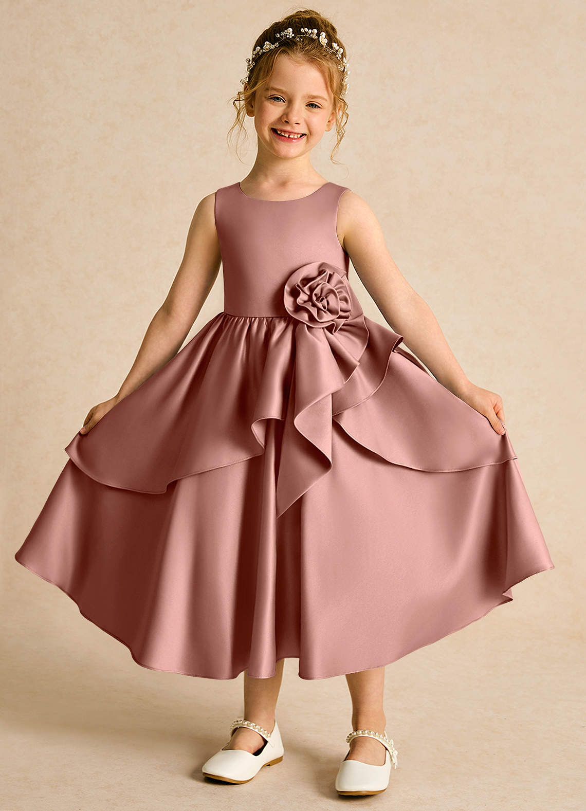 Azazie Hermia Flower Girl Dresses Cedar Rose A-Line Sleeveless Matte Satin Dress image1