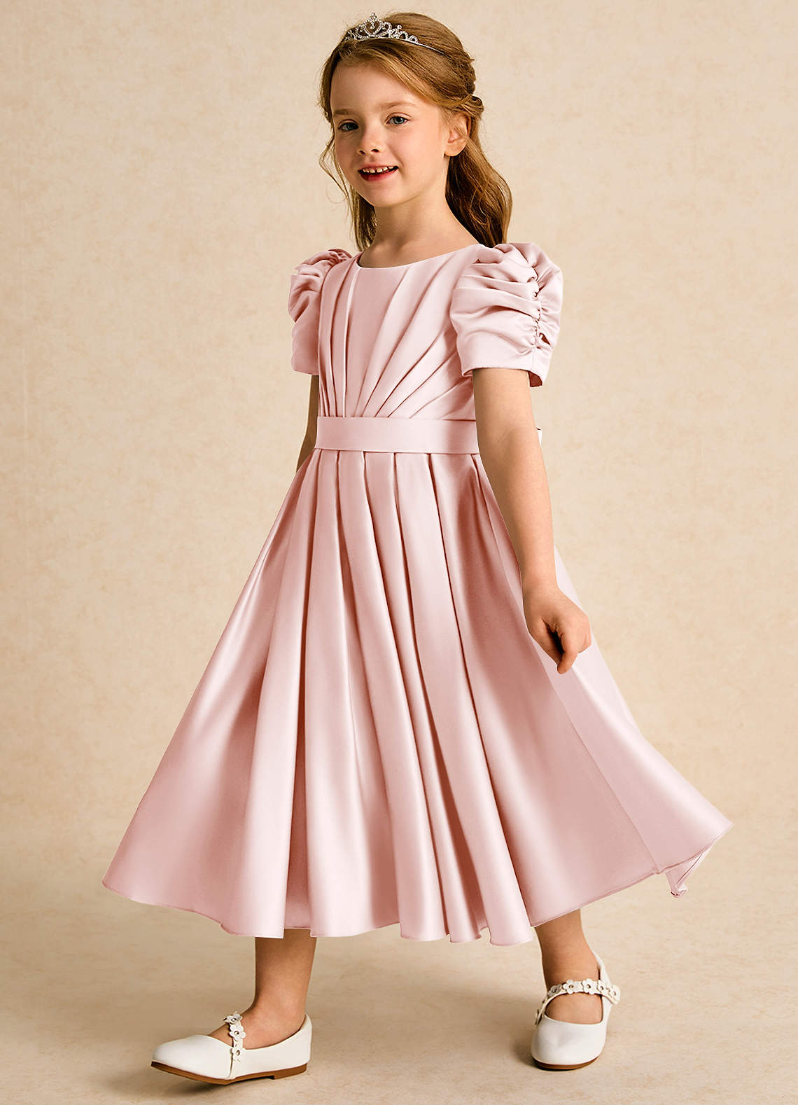 Azazie Miriam Abiti da Ragazza di Fiori Abito Principessa in Raso Opaco Plissettato Rosa Rossore image6