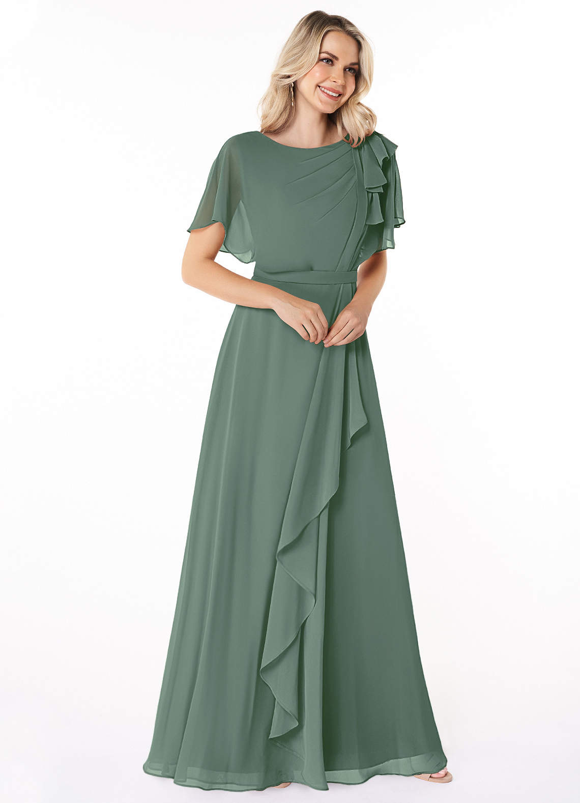 Azazie Aaliyah Modest Bridesmaid Dresses A-Line Scoop Pleated Chiffon Floor-Length Dress image2