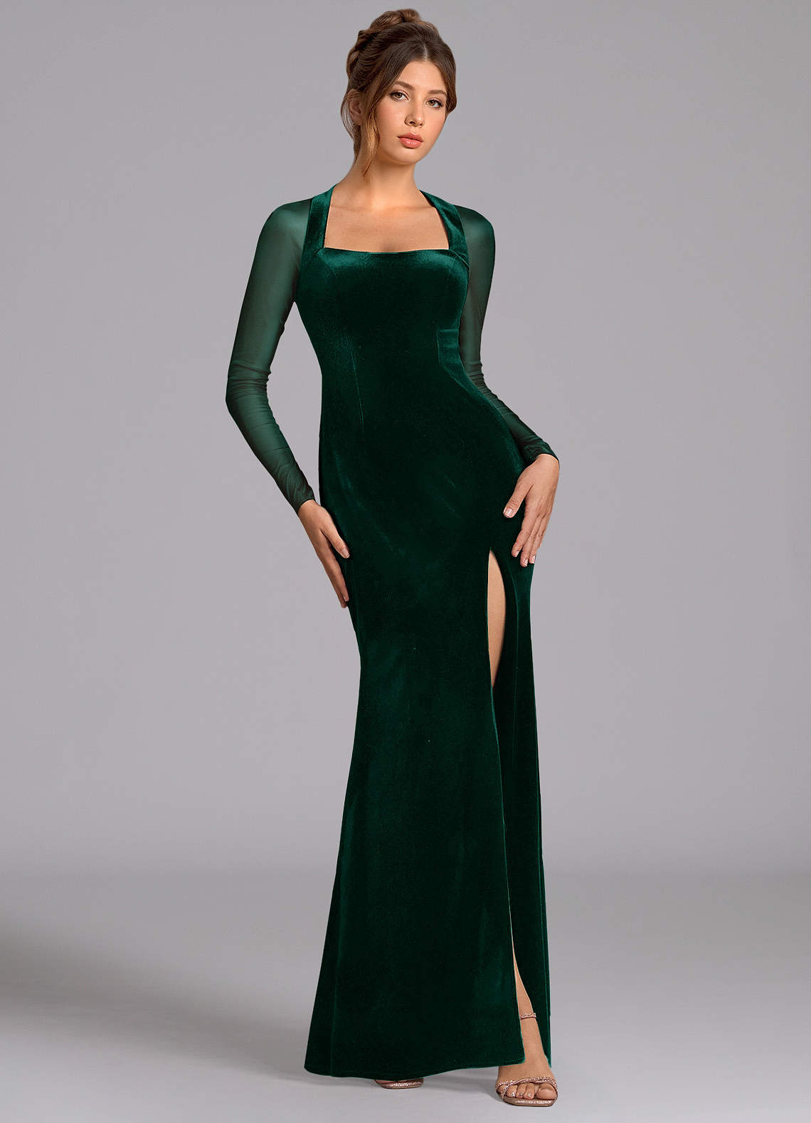 Azazie Megan Vestidos de damas de honor Vestido de Esmeralda de Malla de Corte Sirena con Manga larga image1