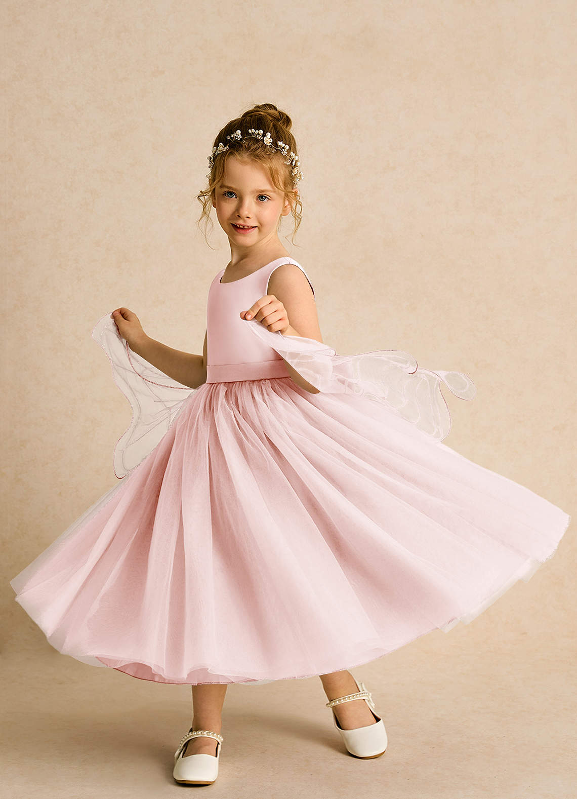 Azazie Pear vestidos de niña de las flores Vestido de Rosa Rubor de Tul de Princesa con Lazo image1
