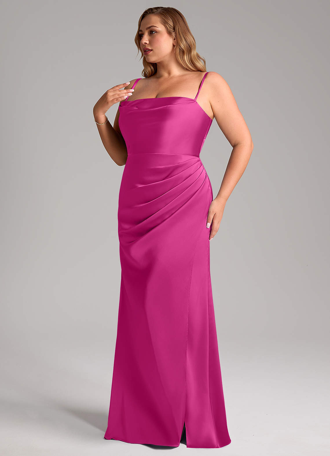 Azazie Leonis Vestidos de damas de honor Vestido de Fucsia de Satén Elástico de Corte Sirena Convertible con Plisado image11