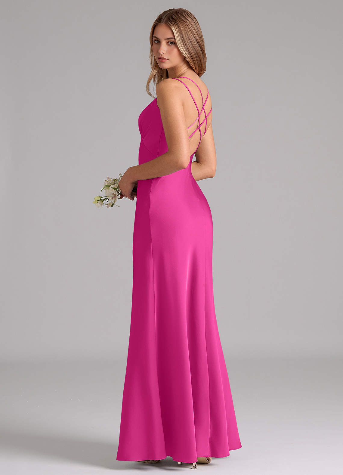 Azazie Suttona Vestidos de damas de honor Vestido de Fucsia de Satén Elástico de Corte en A con Plisado image1