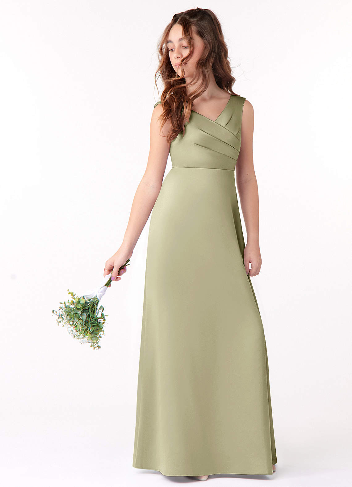Azazie Sadia Junior Vestido de Pistacho de Satén Elástico de Corte En A con Plisado image1