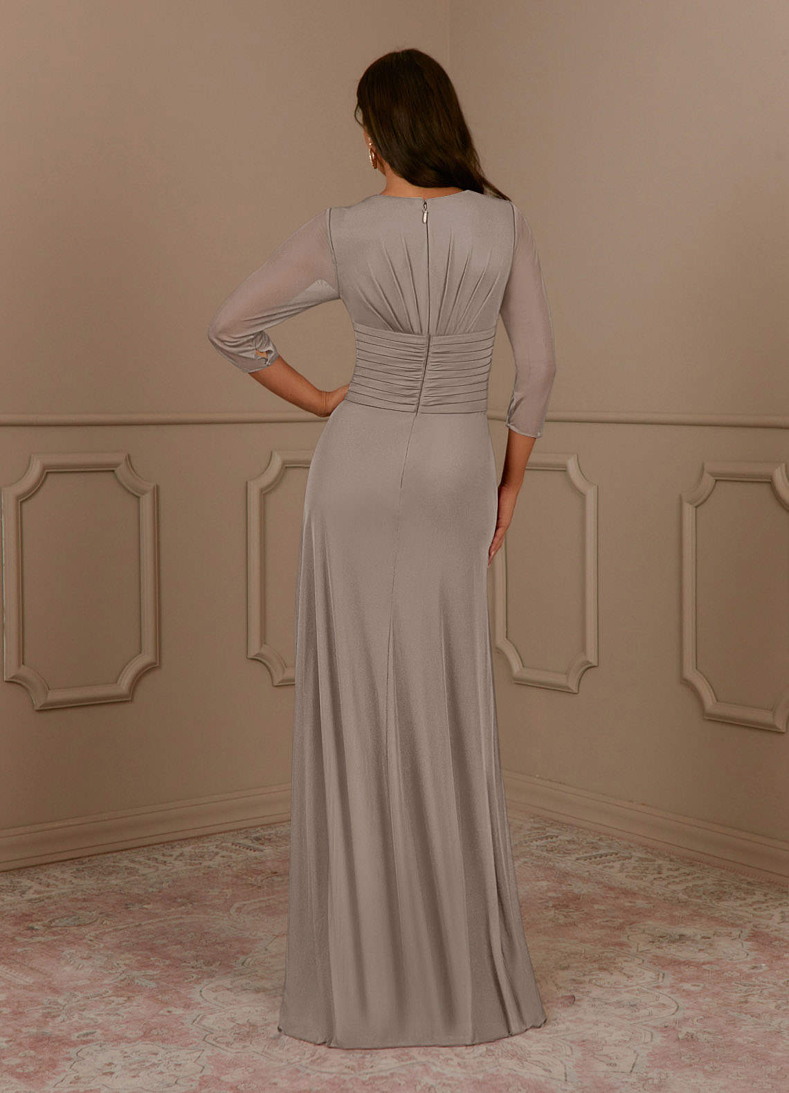 Azazie Annetta Taupe A-Line V-Neck Pleated Mesh Dress | Azazie