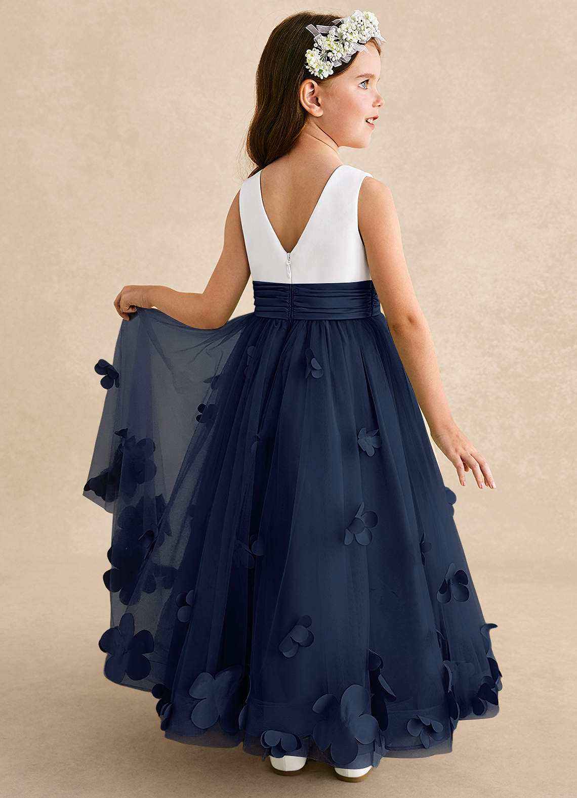 Azazie Vi Flower Girl Dresses Dark Navy A-Line Sleeveless Tulle Dress image1