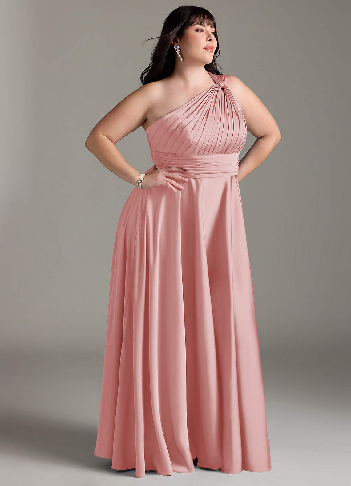 Azazie Charlize Robes de demoiselle d'honneur Robe Trapèze en Satin extensible Une épaule Rose Poudré image11