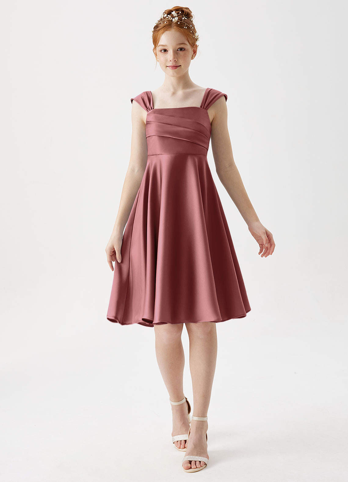 Azazie Amira Junior Amethyst A-Line Pleated Stretch Satin Dress image1