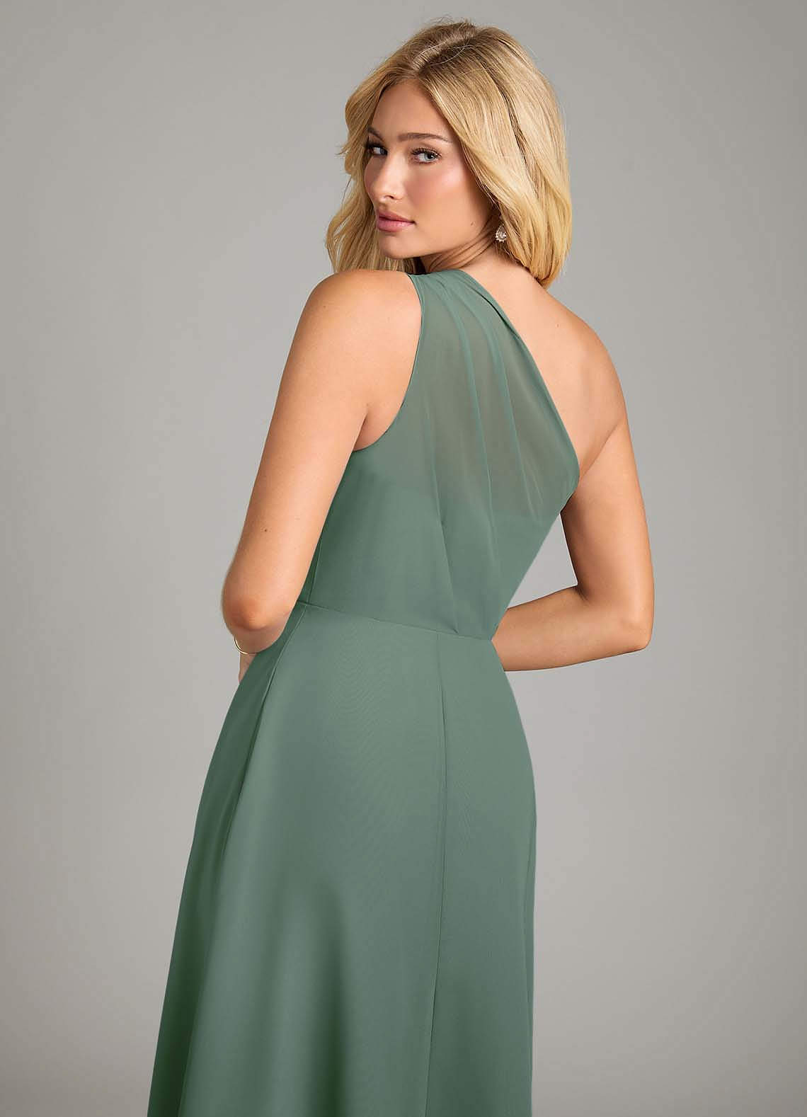 Azazie Phaedra Bridesmaid Dresses Eucalyptus A-Line One Shoulder Chiffon Dress image5