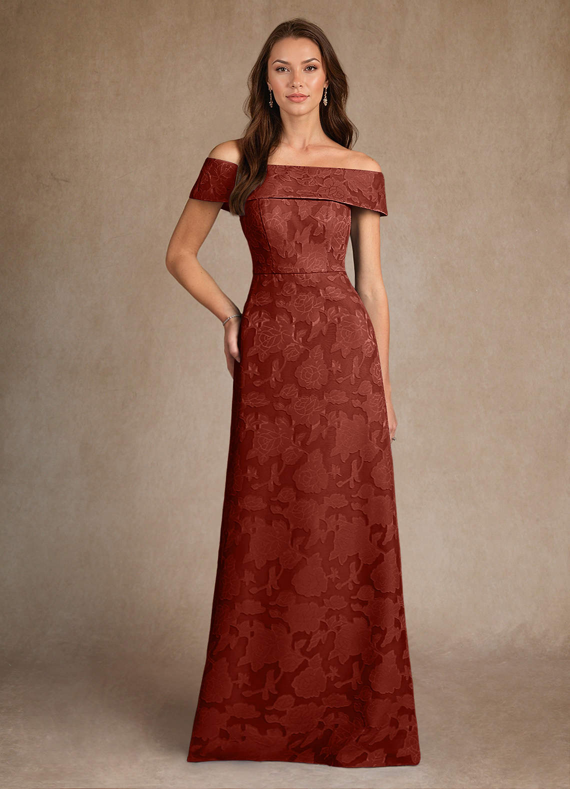 Azazie Medford Kleider für die Brautmutter A-Linie Schulterfrei Blumen-Burnout Kleid Terrakotta image1