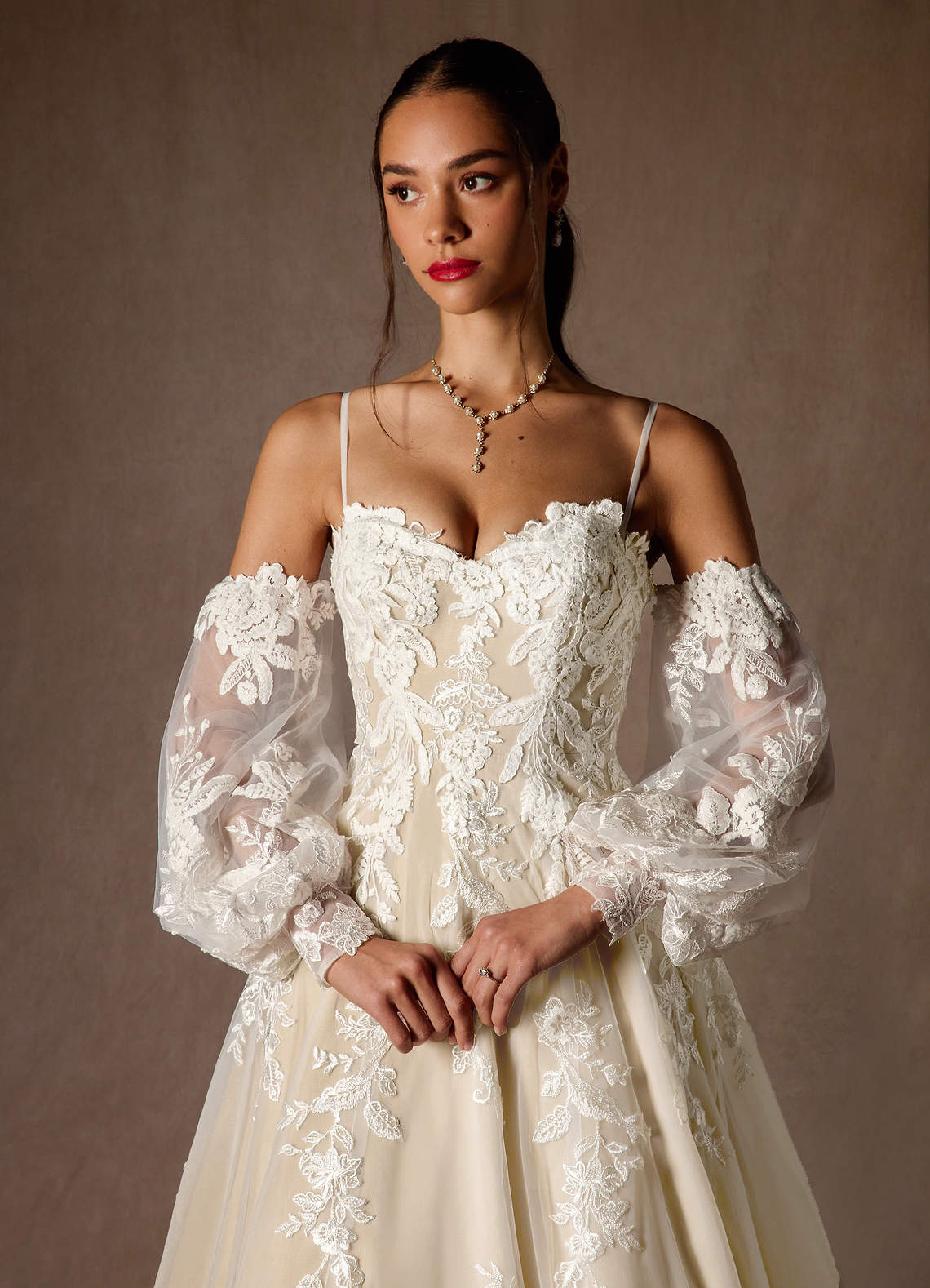 Azazie Madeleine At-home Try On Dresses Diamond White Champagne Ball-Gown Strapless Lace Dress image6