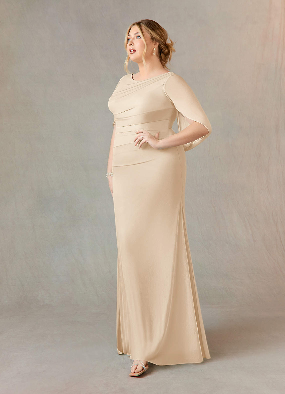 Azazie Belladonna Mother of the Bride Dresses Champagne Mermaid Scoop Pleated Mesh Dress image7
