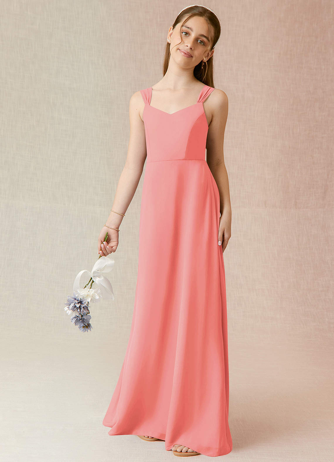 Azazie Denice Junior Coral A-Line Chiffon Dress image1
