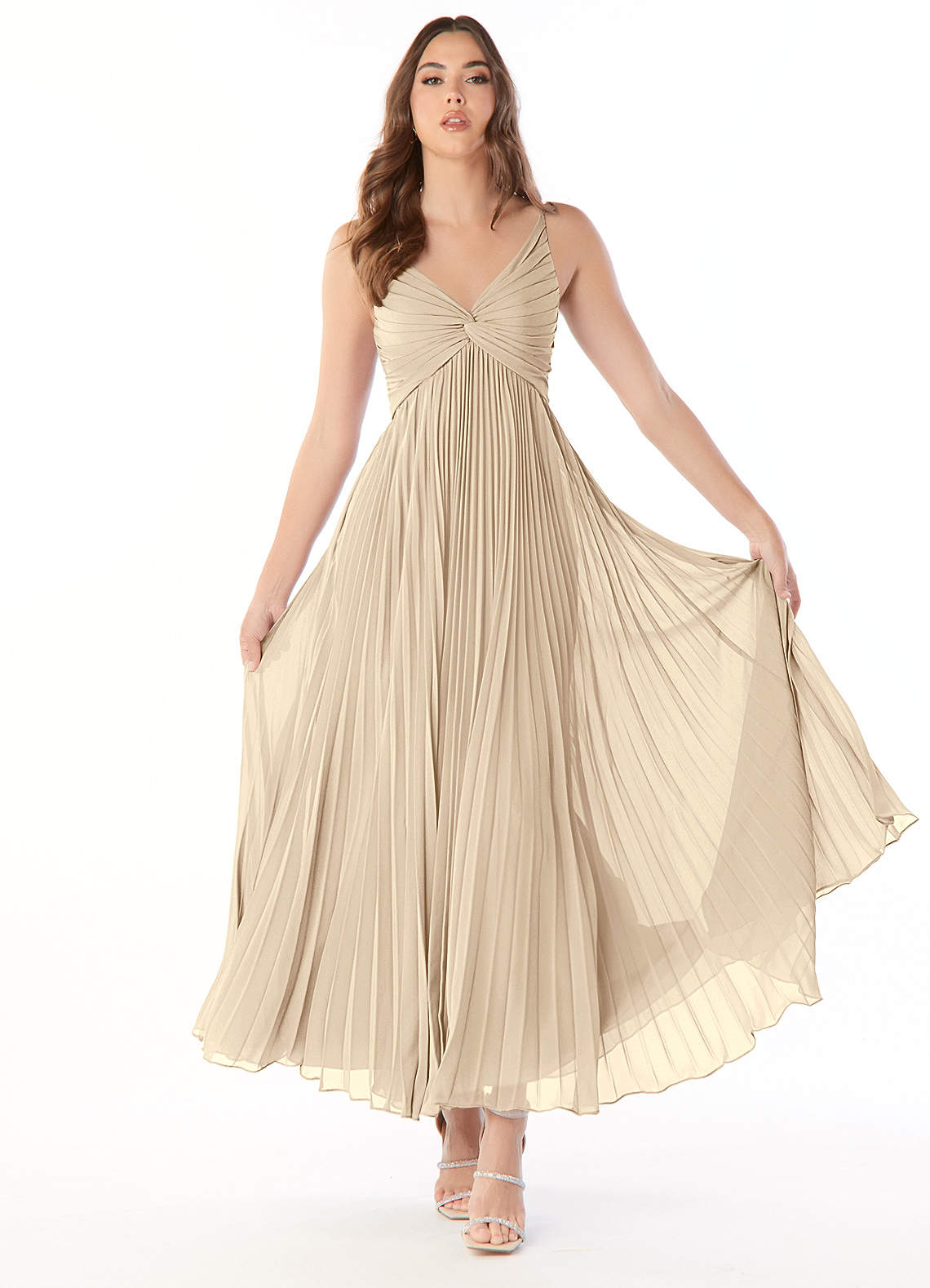 Azazie Raychelle Brautjungfernkleider A-Linie V-Hals Chiffon Kleid Champagner image1