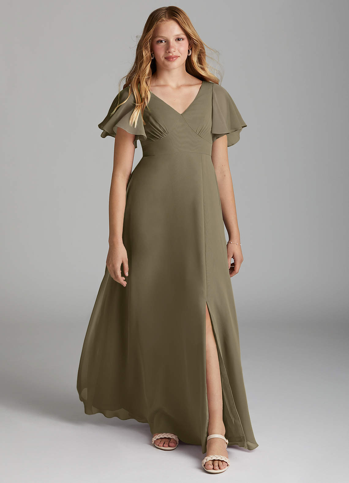 Azazie Kimber Junior Willow Green A-Line Pleated Chiffon Dress image1