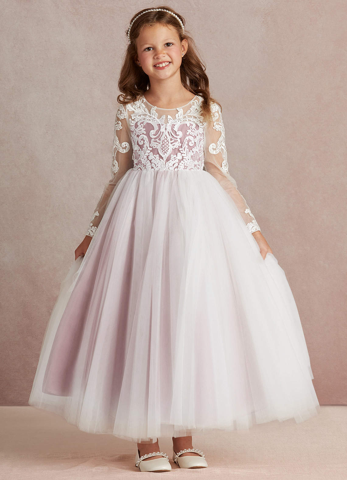 Azazie Elodie Robe Demoiselle D'honneur Fillette Robe Princesse en Dentelle Ivoire Rose Poussiéreux image2