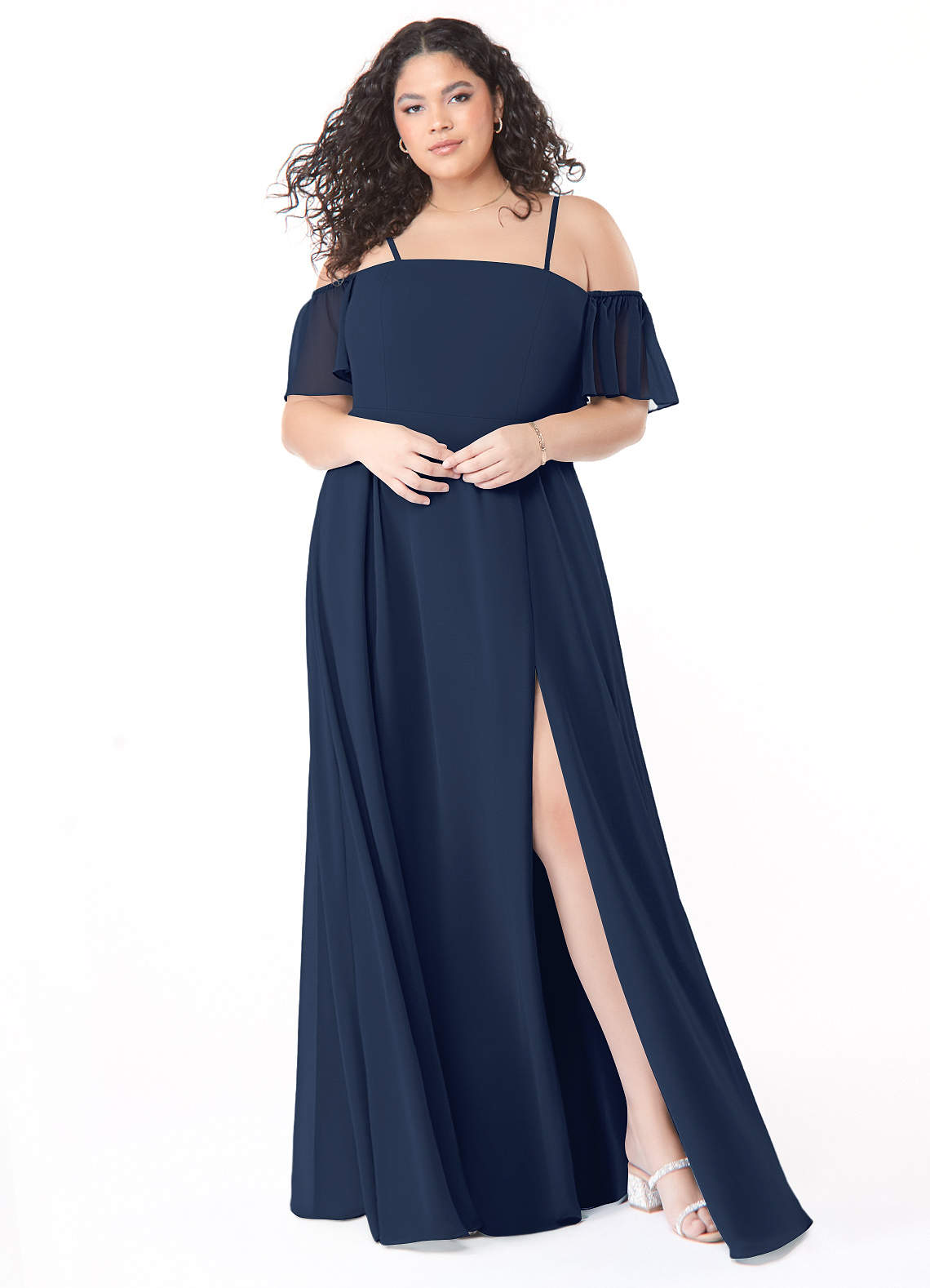 Azazie Sue Bridesmaid Dresses Dark Navy A-Line Off the Shoulder Chiffon Convertible Dress image1