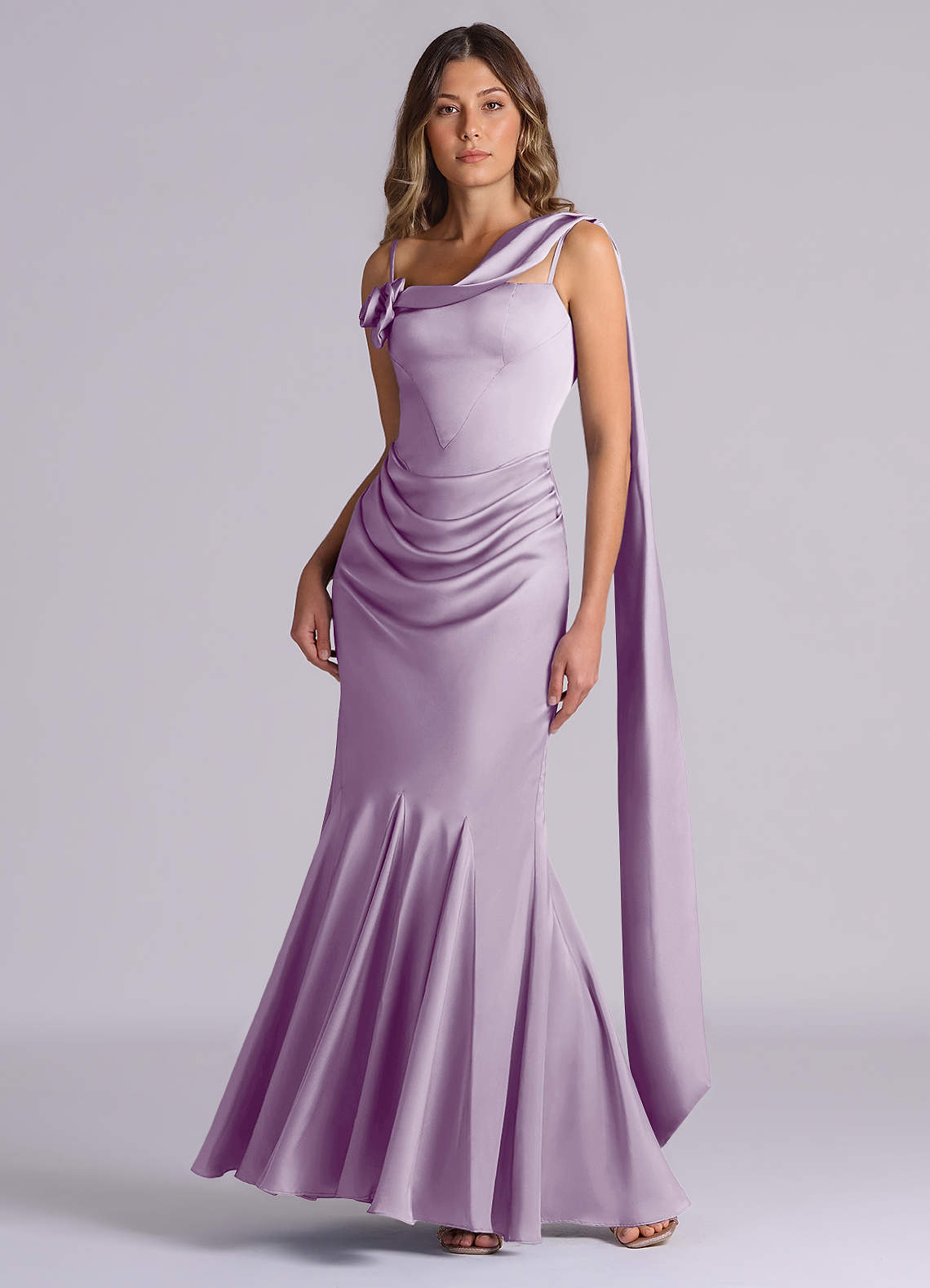 Azazie Inara Frosted Lilac Stretch Satin Bridesmaid Dresses | Azazie