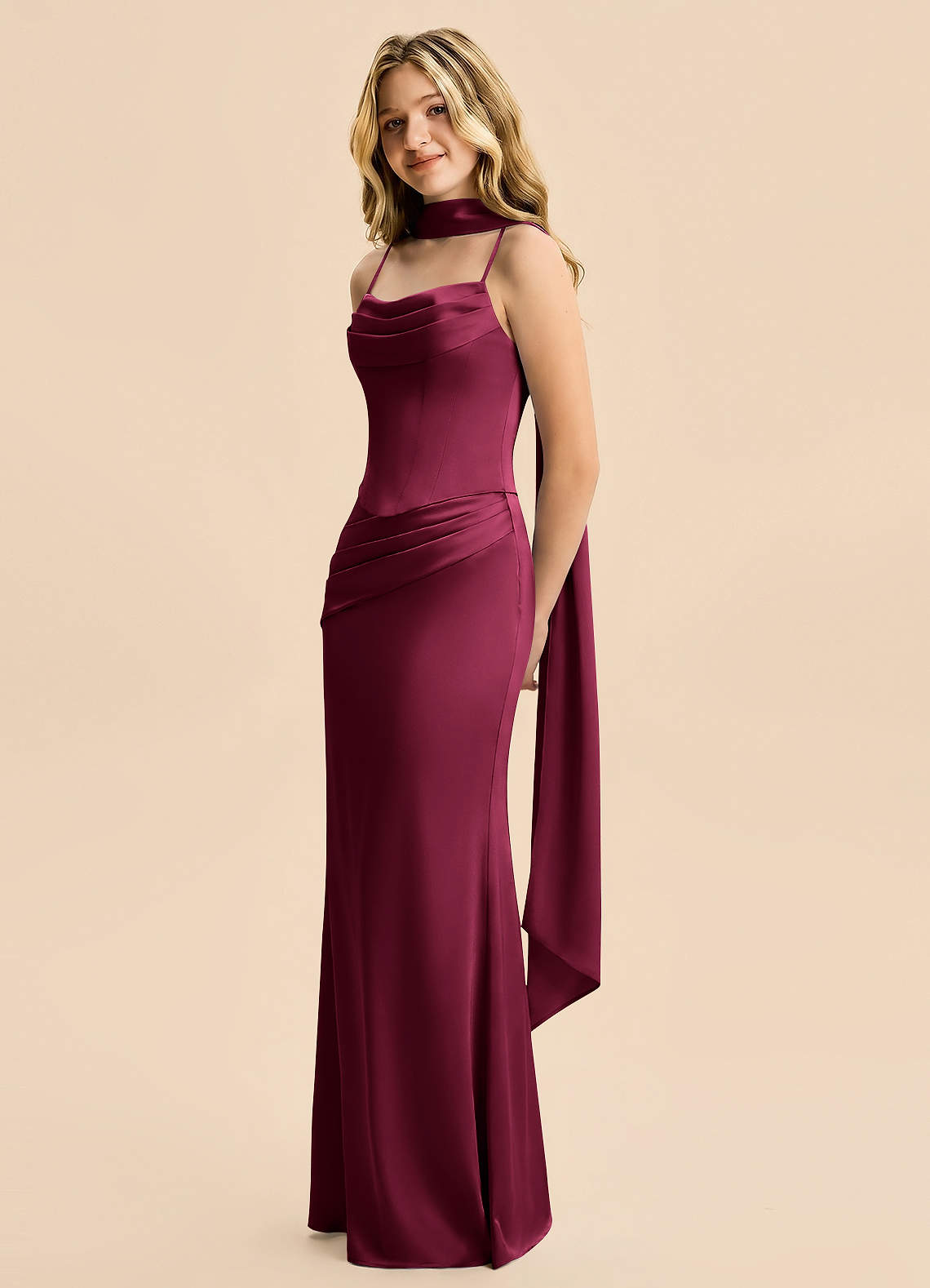Azazie Sorrel Junior Burgundy Mermaid Ruched Stretch Satin Dress image3