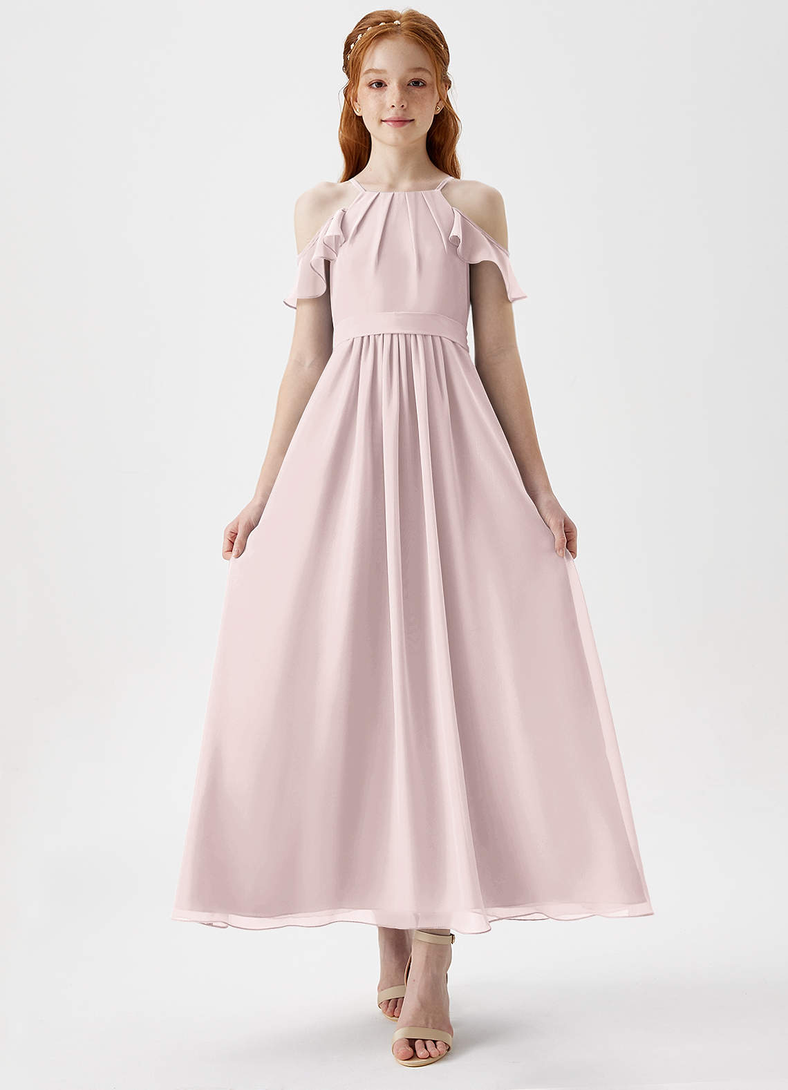 Azazie Chaya Junior A-Linie Schulterfrei Chiffon Kleid Zartrosa image1