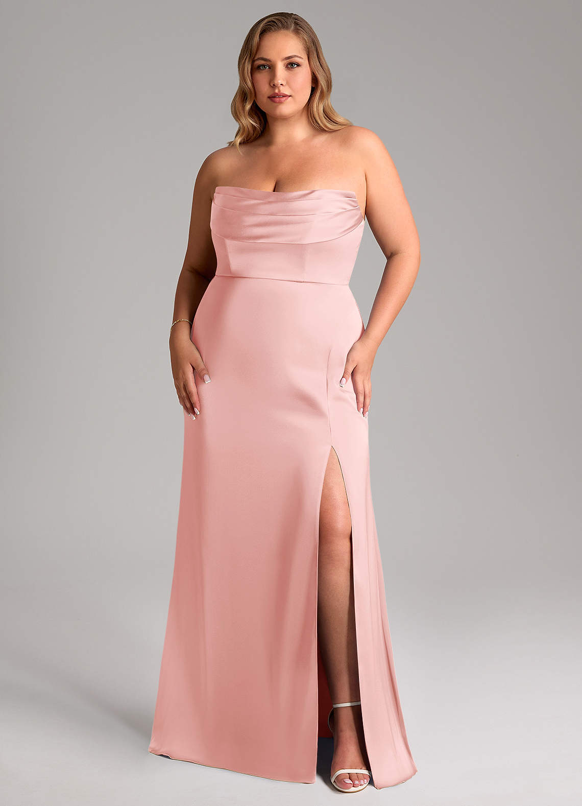 Azazie Saige At-home Try On Dresses Amethyst Sheath Off the Shoulder Stretch Satin Dress image11