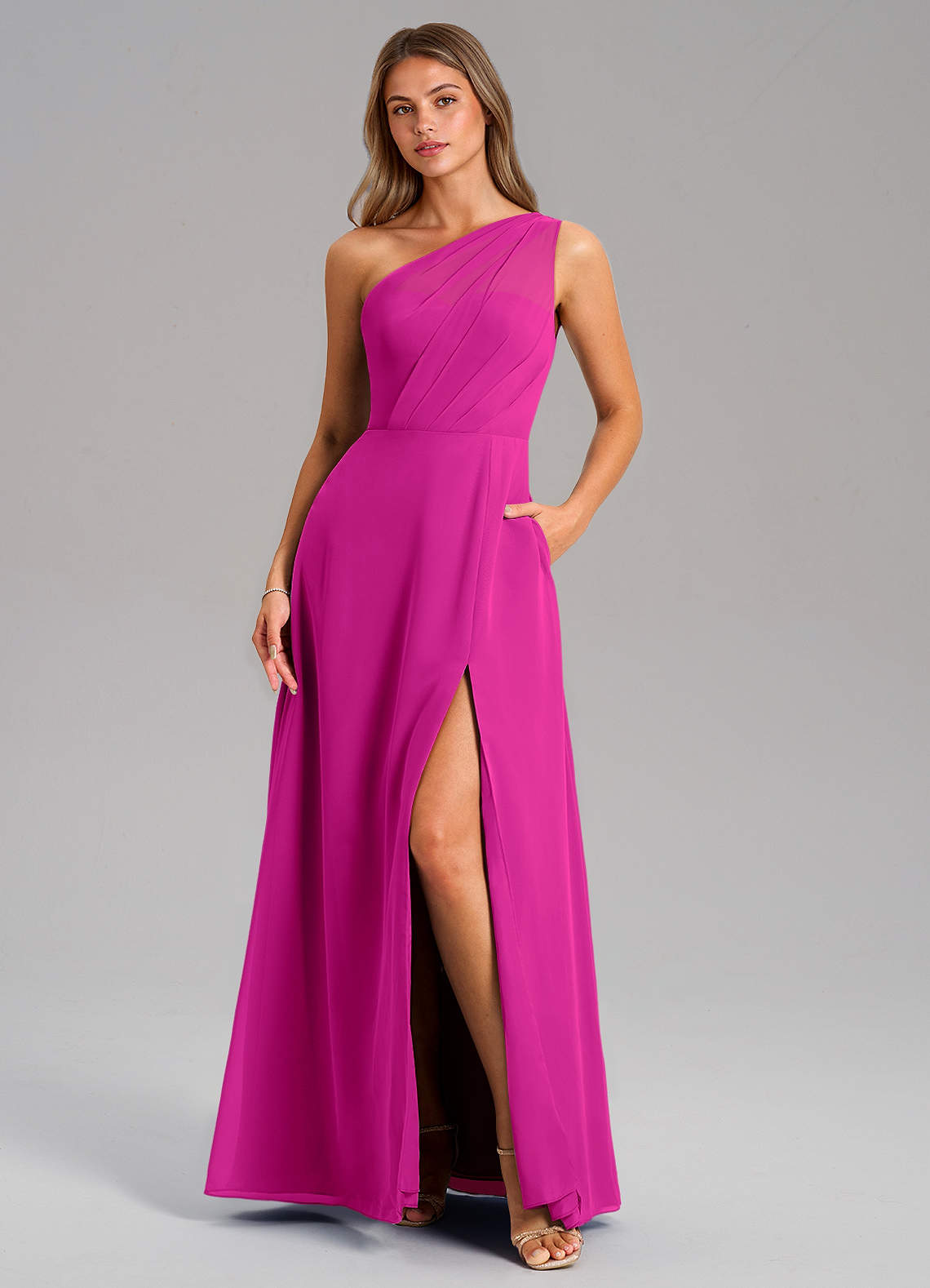 Azazie Phaedra Bridesmaid Dresses Fuchsia A-Line One Shoulder Chiffon Dress image1