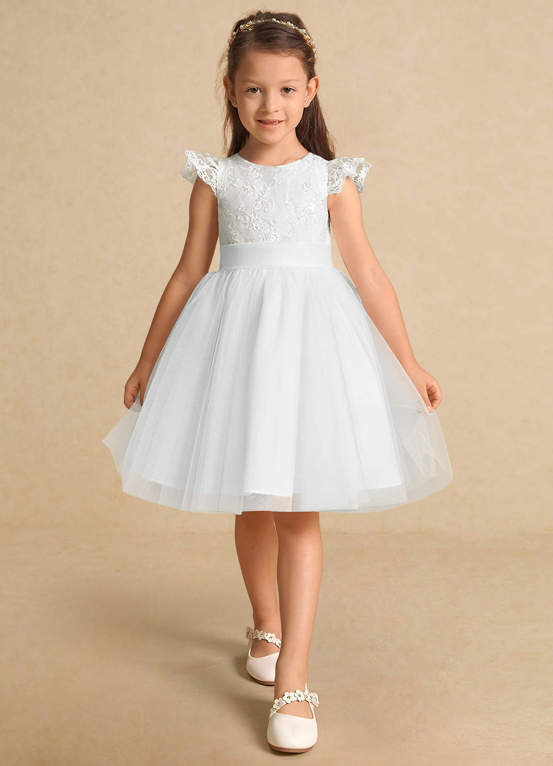 Azazie Vetty Flower Girl Dresses Diamond White A-Line Lace Tulle Dress image5