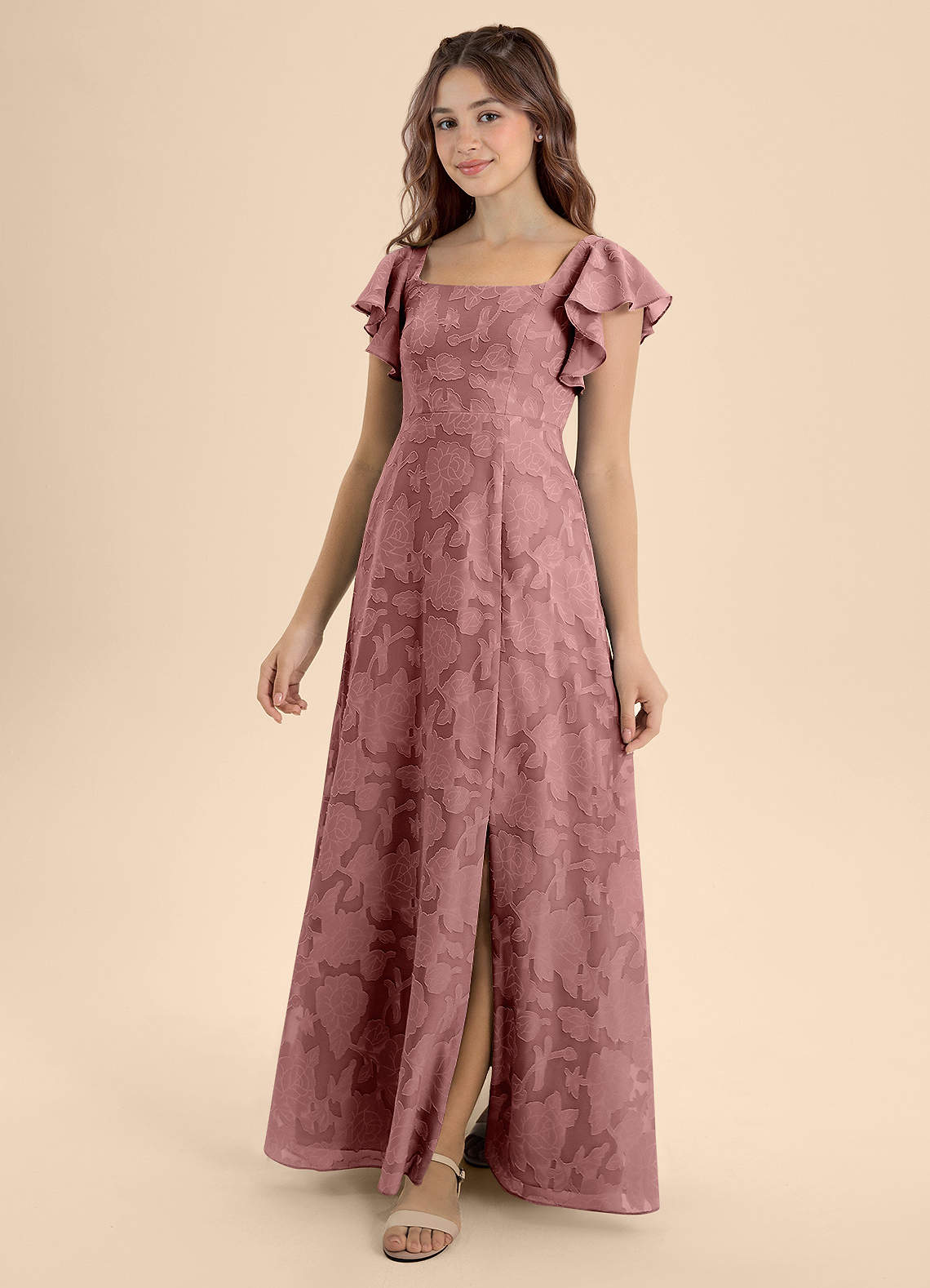 Azazie Bondi Junior Robe Trapèze en Blumen-Burnout Arc Rose Poussiéreuse image1