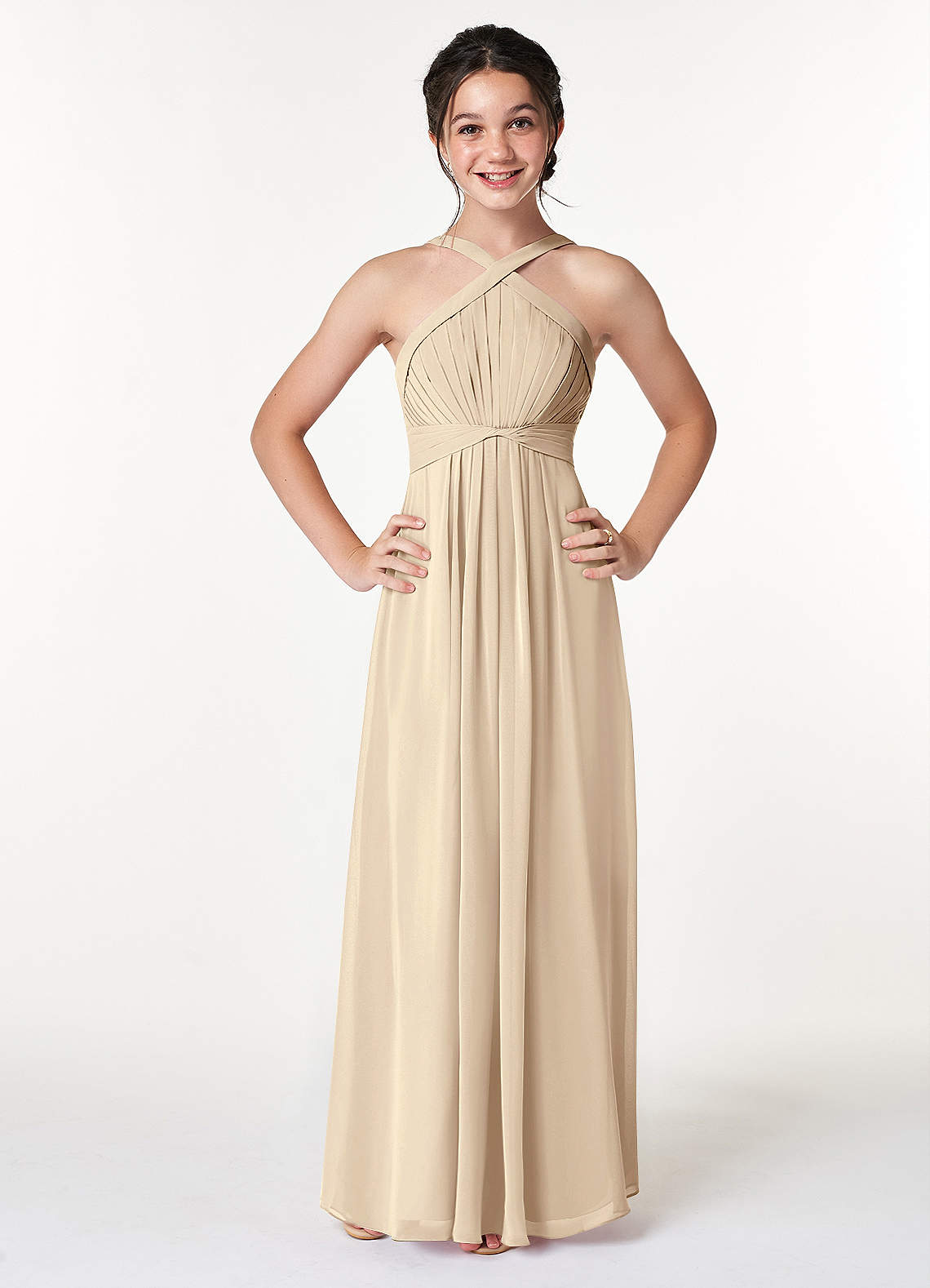 Azazie Anthea Junior Champagne Pleated Chiffon Dress image1