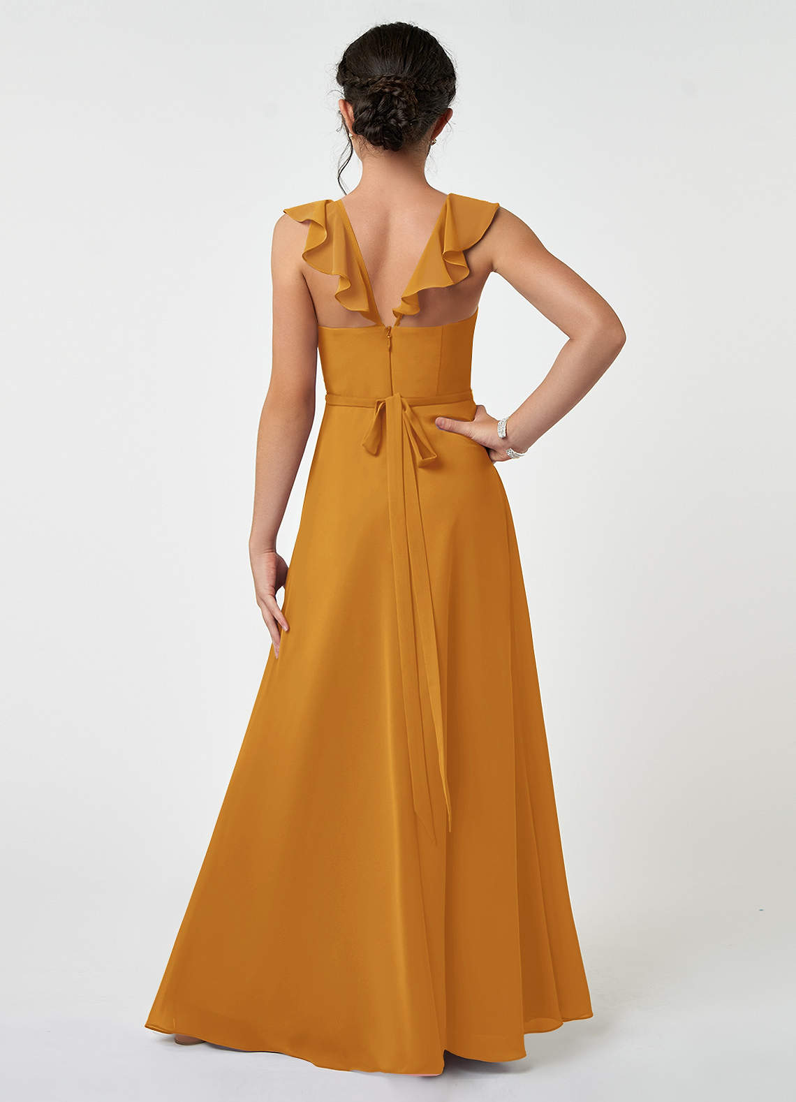 Azazie Emily Junior Robe Trapèze en Mousseline de soie Rayé Caramel écossais image1