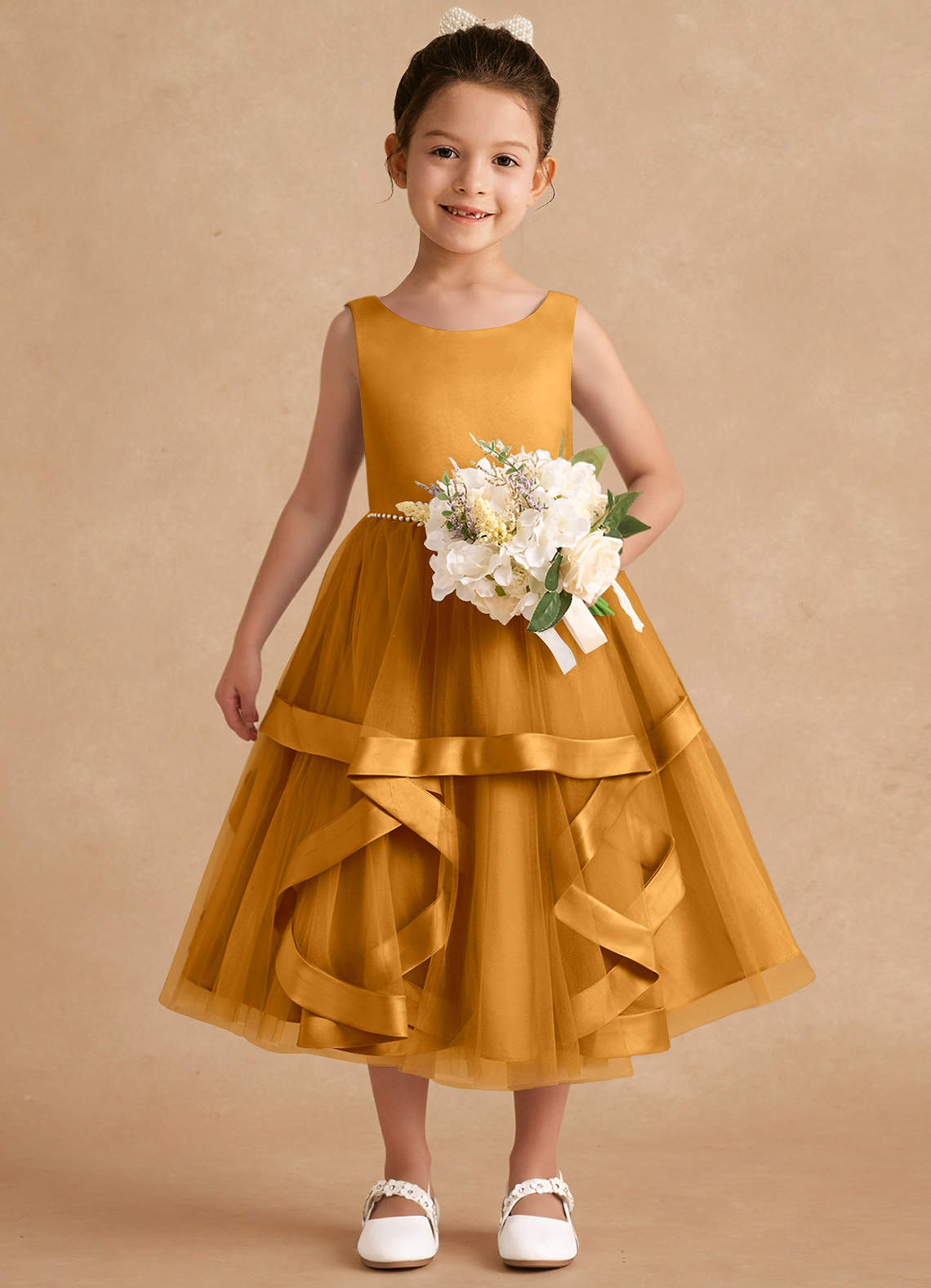 Azazie Posy Flower Girl Dresses Butterscotch A-Line Beaded Tulle Dress image3