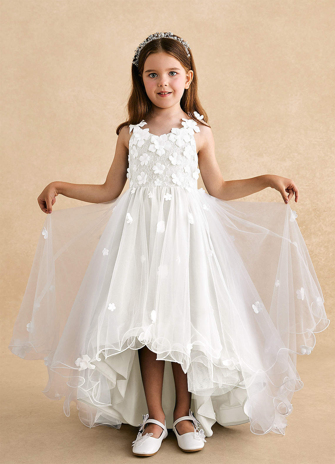 Azazie Celia Vestidos de florista Vestido Diamante Branco de Tule de Linha A com Renda image3