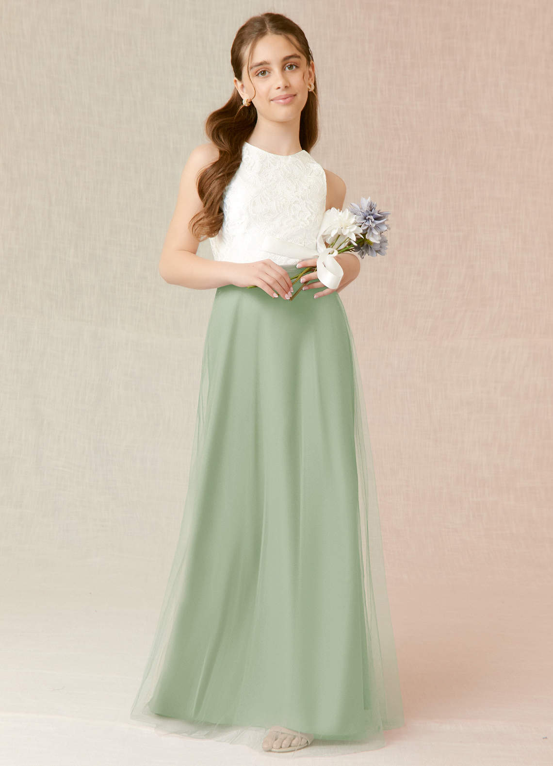 Azazie Albertine Junior Dusty Sage A-Line Lace Chiffon Dress image1