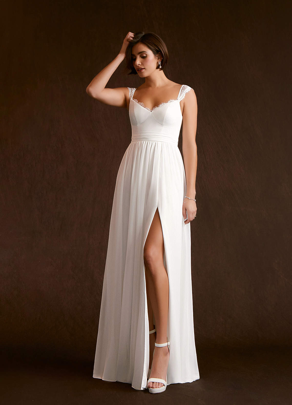 Azazie Aubriella At-home Try On Dresses Diamond White A-Line Lace Chiffon Dress image3