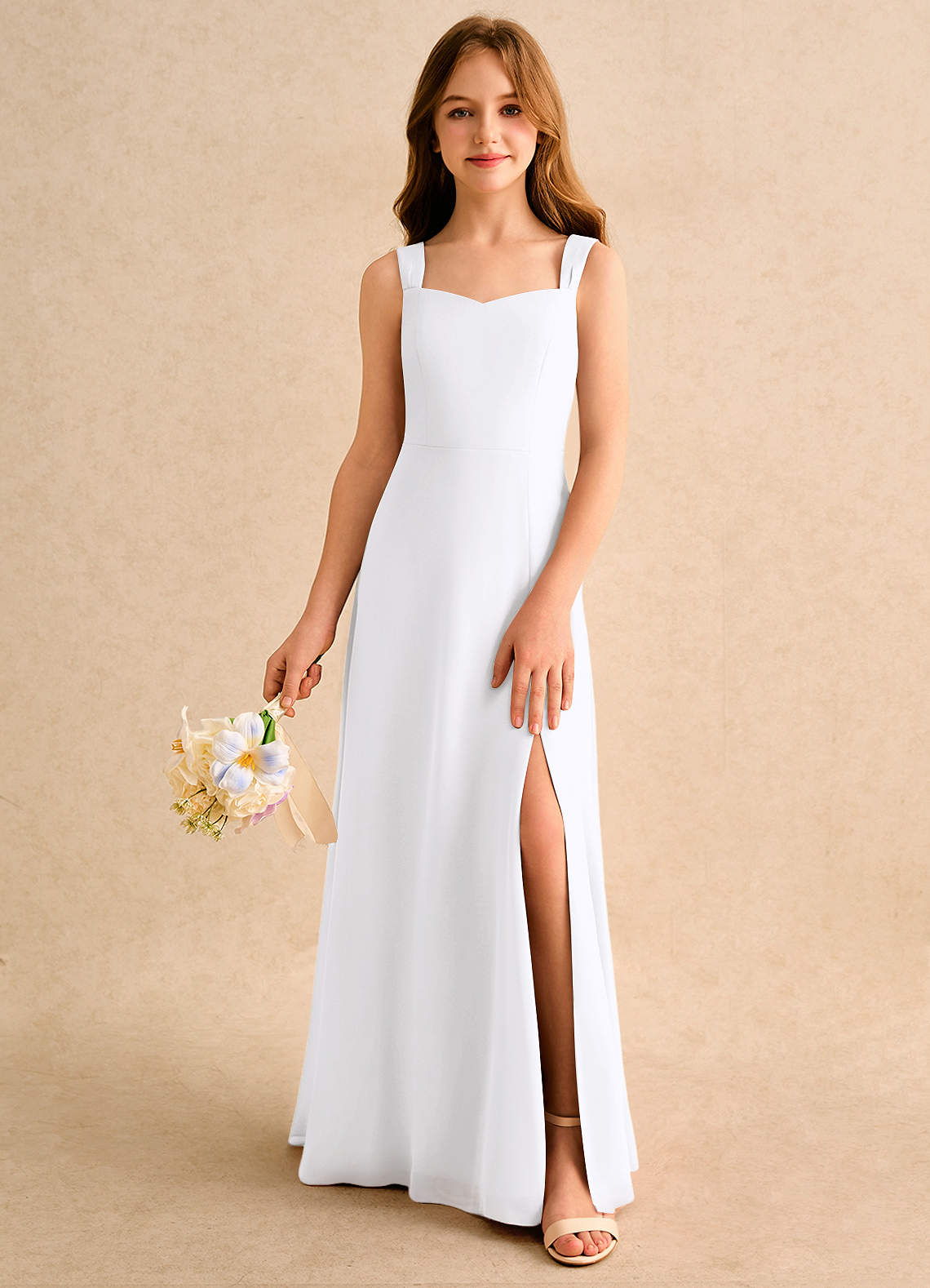 Azazie Makani Girls Formal Robe Demoiselle D'honneur Fillette Robe Trapèze en Mousseline de soie Encolure en Forme de Cœur Blanc image2