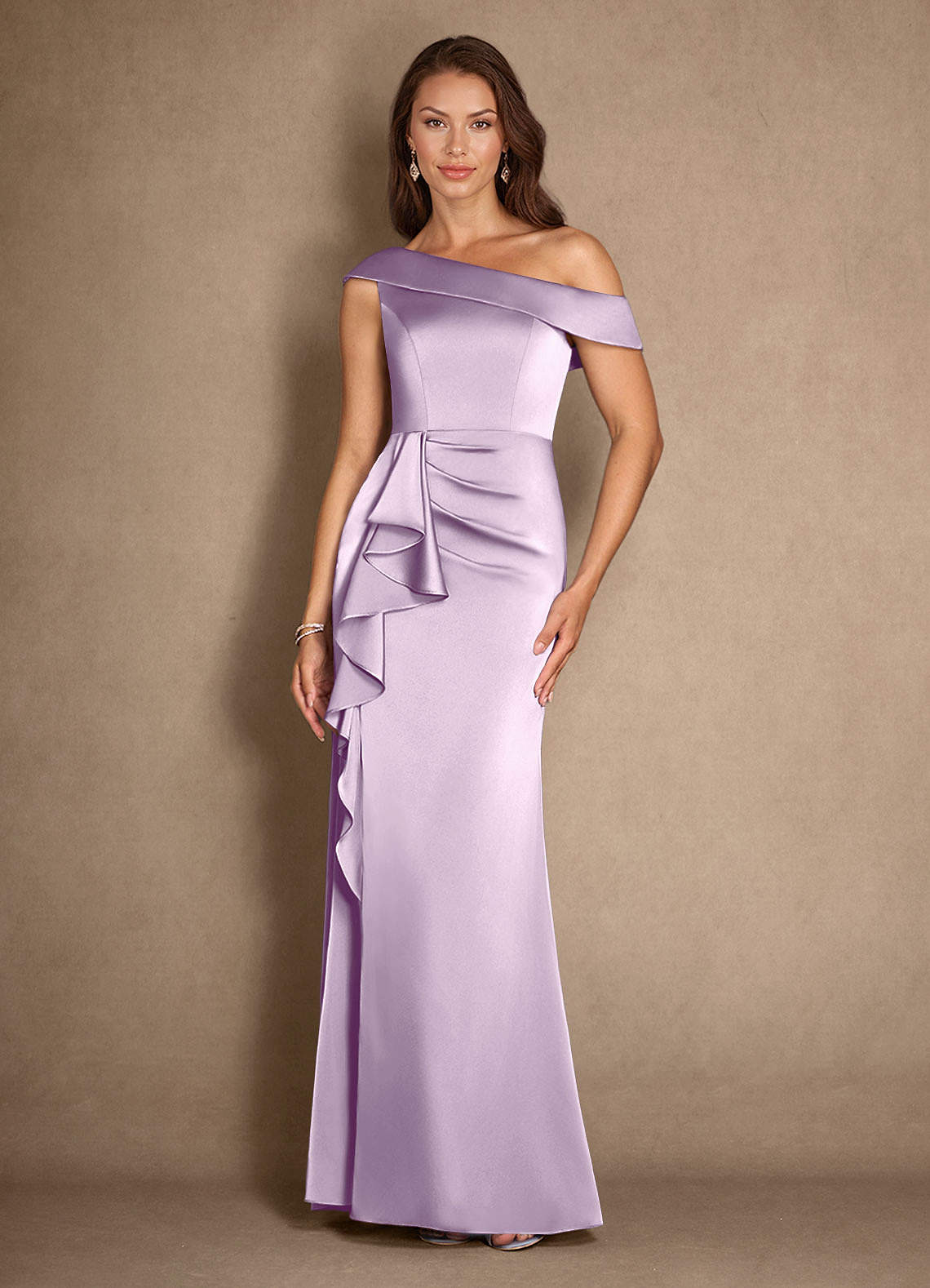 Azazie Hamptons Mother of the Bride Dresses Frosted Lilac A-Line Pleated Stretch Satin Dress image1