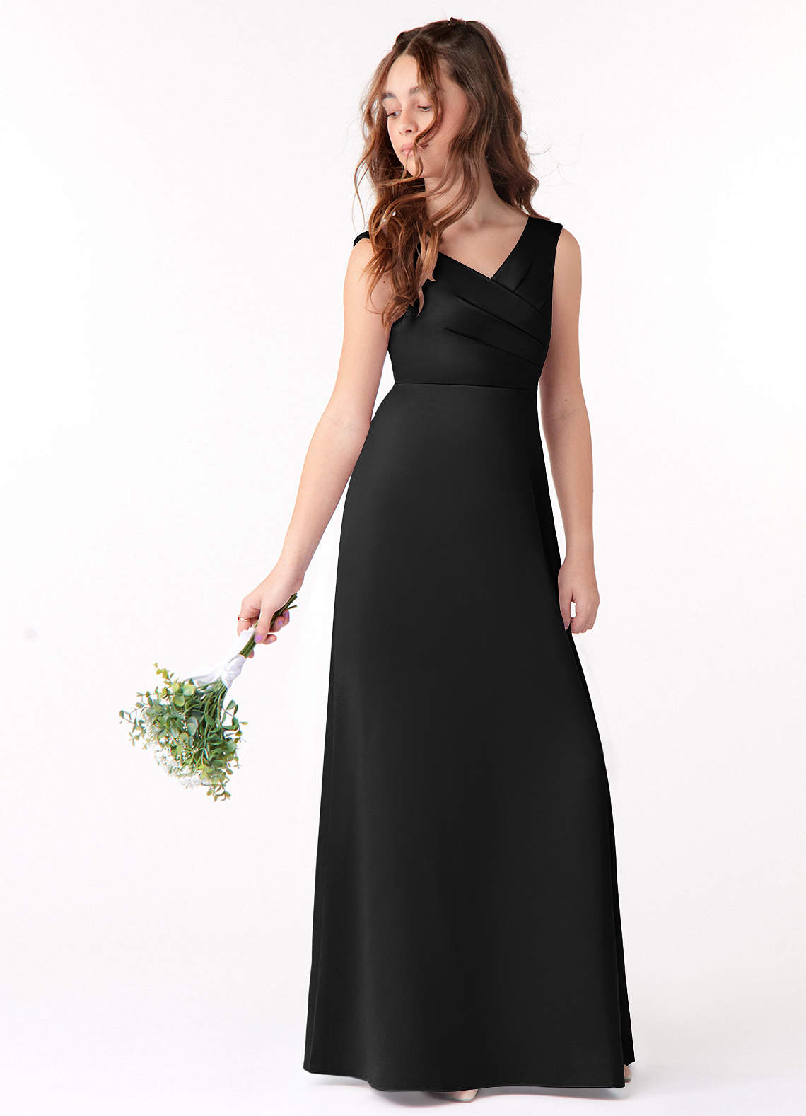 Azazie Sadia Junior Black A-Line Pleated Matte Satin Dress image1