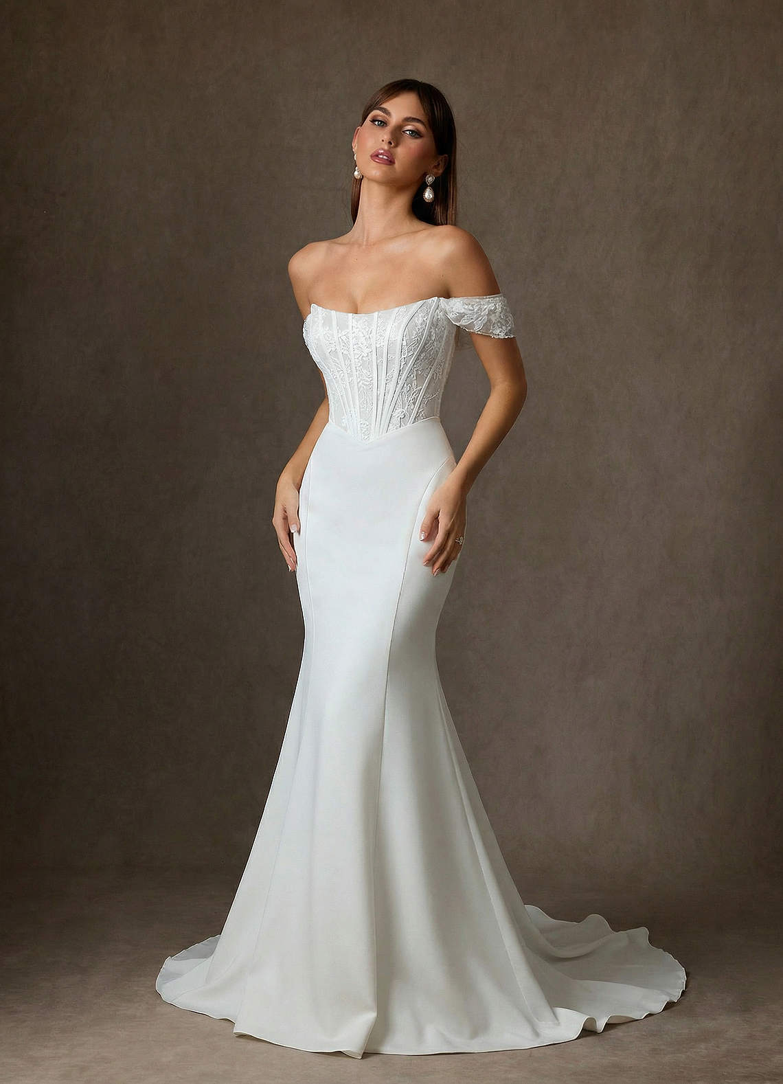 Azazie Yamelle Wedding Dresses Diamond White Mermaid Off the Shoulder Satin Dress image2