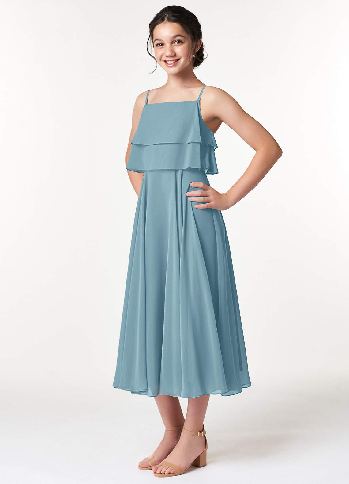 Azazie Ensley Junior Abito A-Line in Chiffon Plissettato Blu Lunatico image3