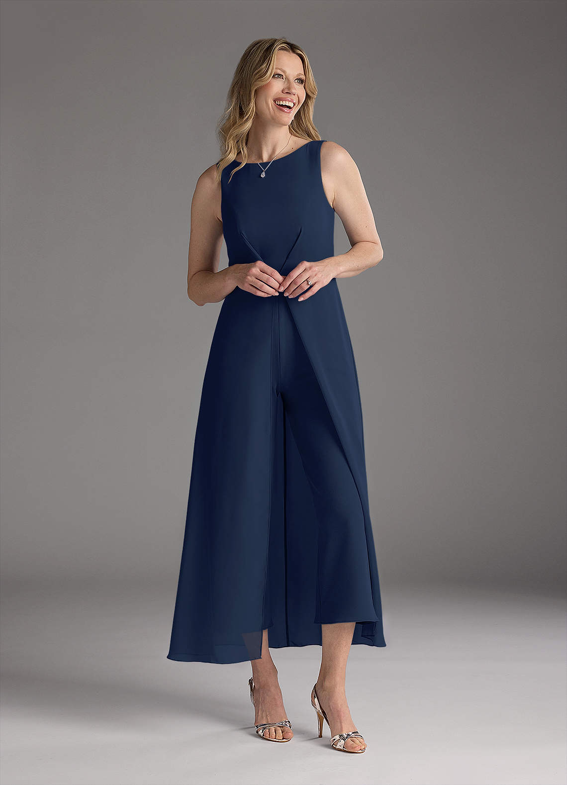 Dark Navy Azazie Anitta Dark Navy Jumpsuit/Pantsuit Pleated Stretch Crepe  Dress | Azazie