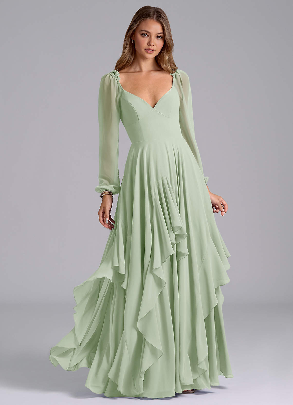 Azazie Karan Bridesmaid Dresses Dusty Sage A-Line Long Sleeve Chiffon Dress image1