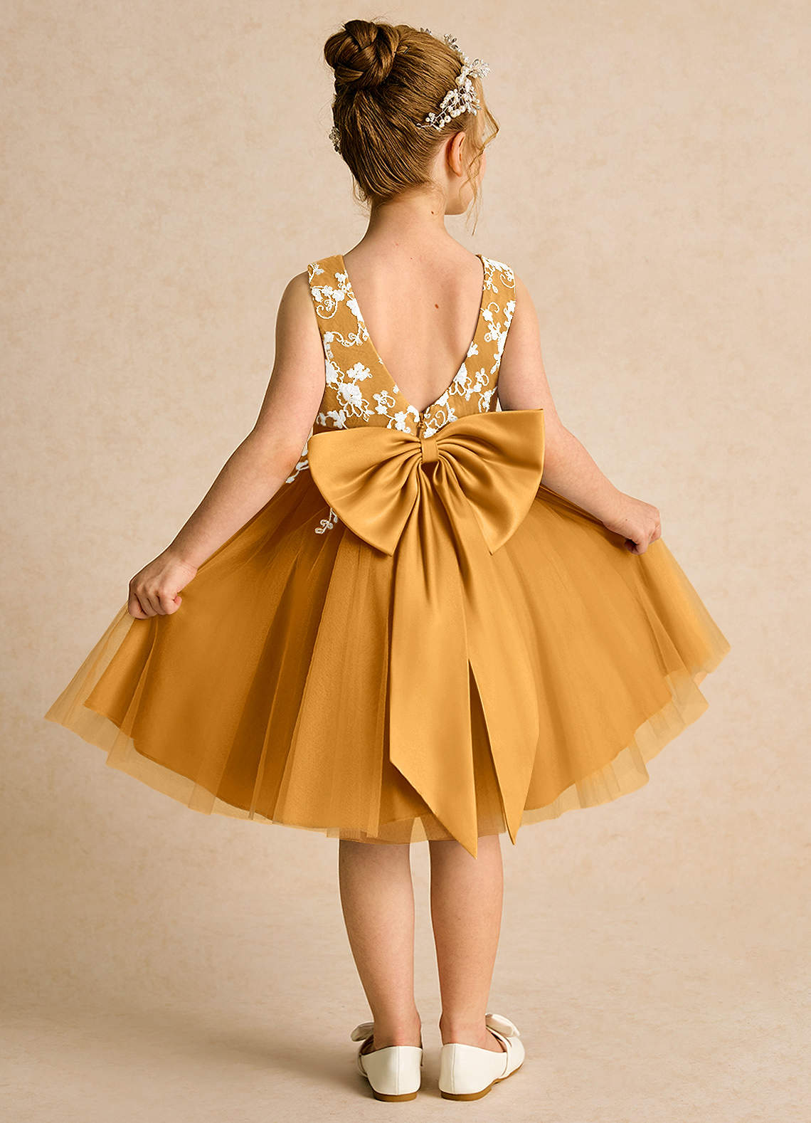 Azazie Butterfly Flower Girl Dresses Butterscotch A-Line Lace Dress image1