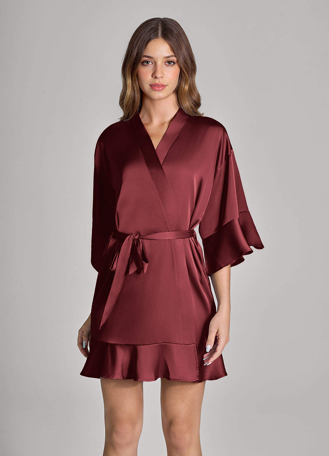 front Matching Color Ruffled Satin Robe