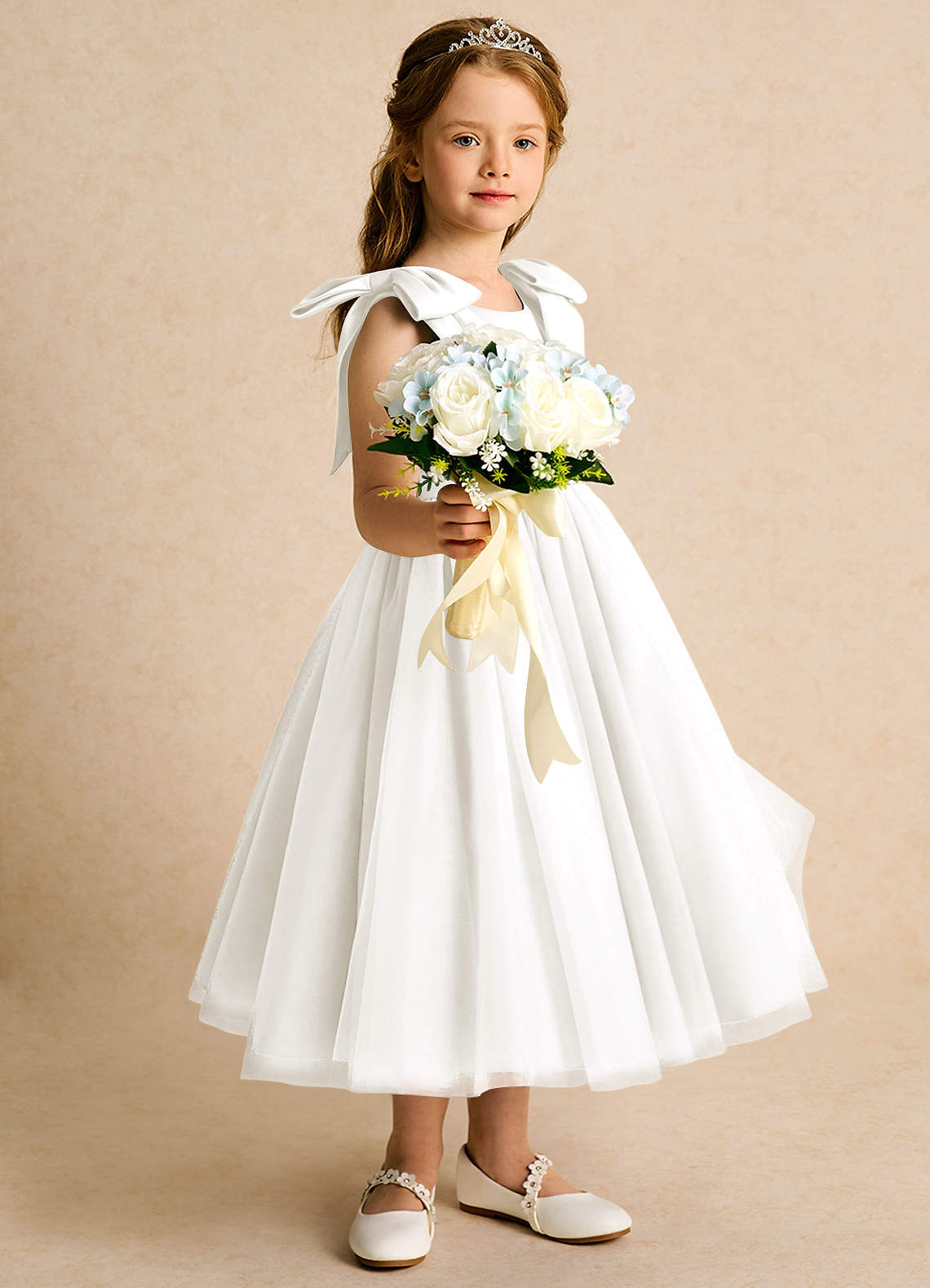 Azazie Serene Abiti da Ragazza di Fiori Abito Principessa in Raso Opaco Fiocco Avorio image4