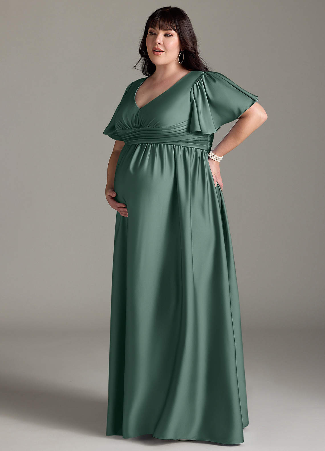 Azazie Verna vestidos de dama de honor de maternidad Vestido de Corte En A Volante Hasta el suelo Satén Elástico image13