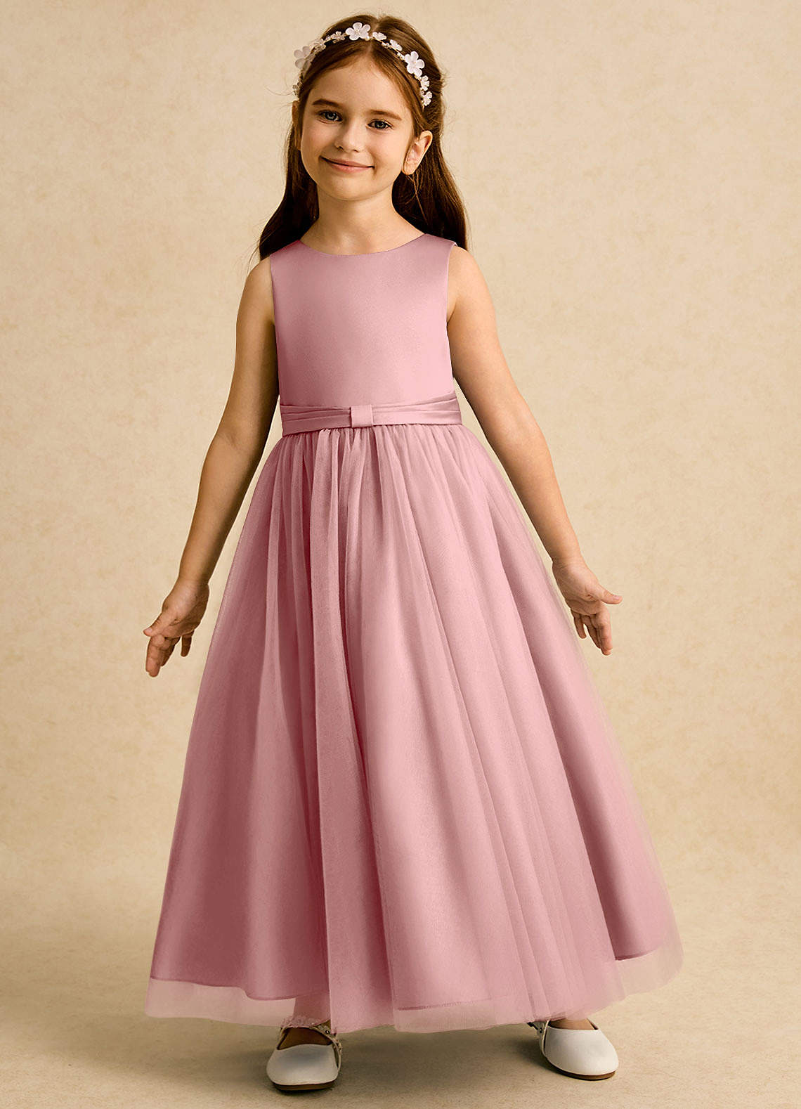 Azazie Lior Flower Girl Dresses Dusty Rose Ball-Gown Pleated Tulle Dress image3